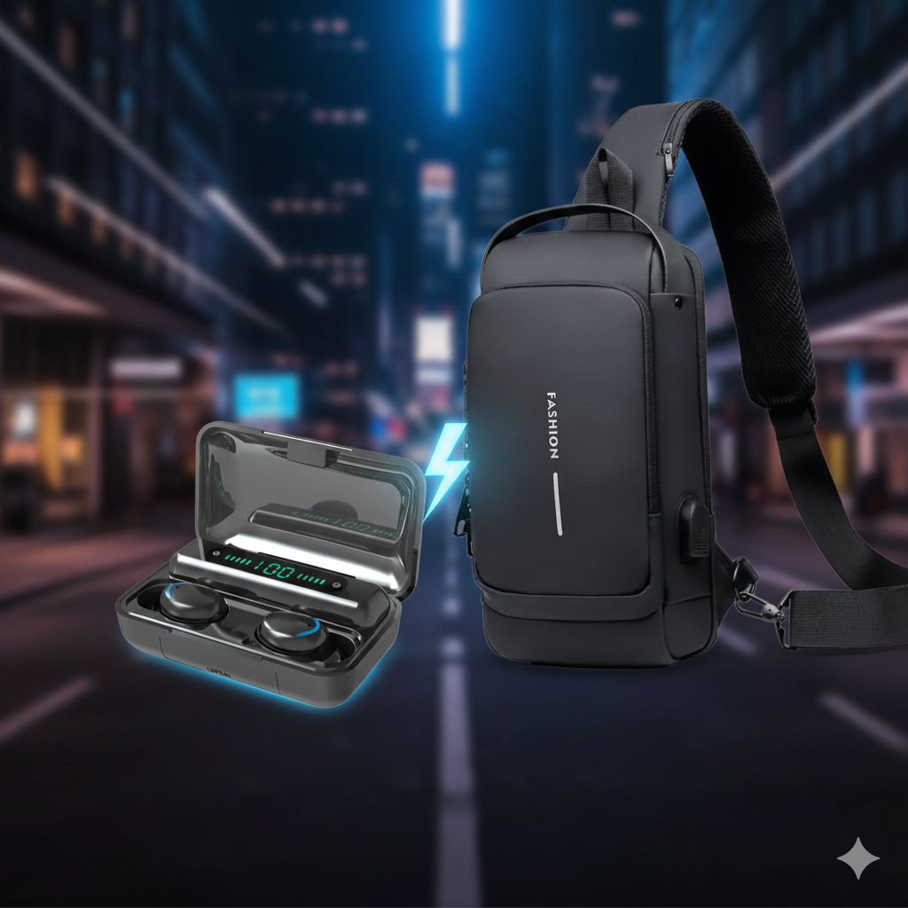 Kit Viajero: Bolso Cangurero Antirrobo + Audífonos Bluetooth F9